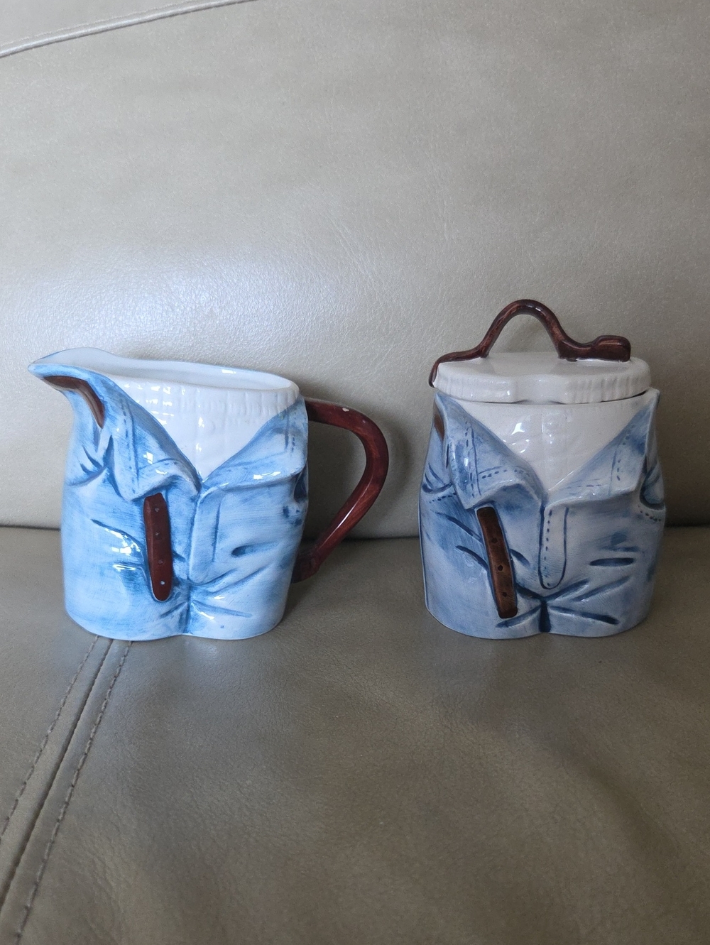 Ironic Humorous 90s Vintage Blue Denim Look Ceramic Creamer and Sugar Set